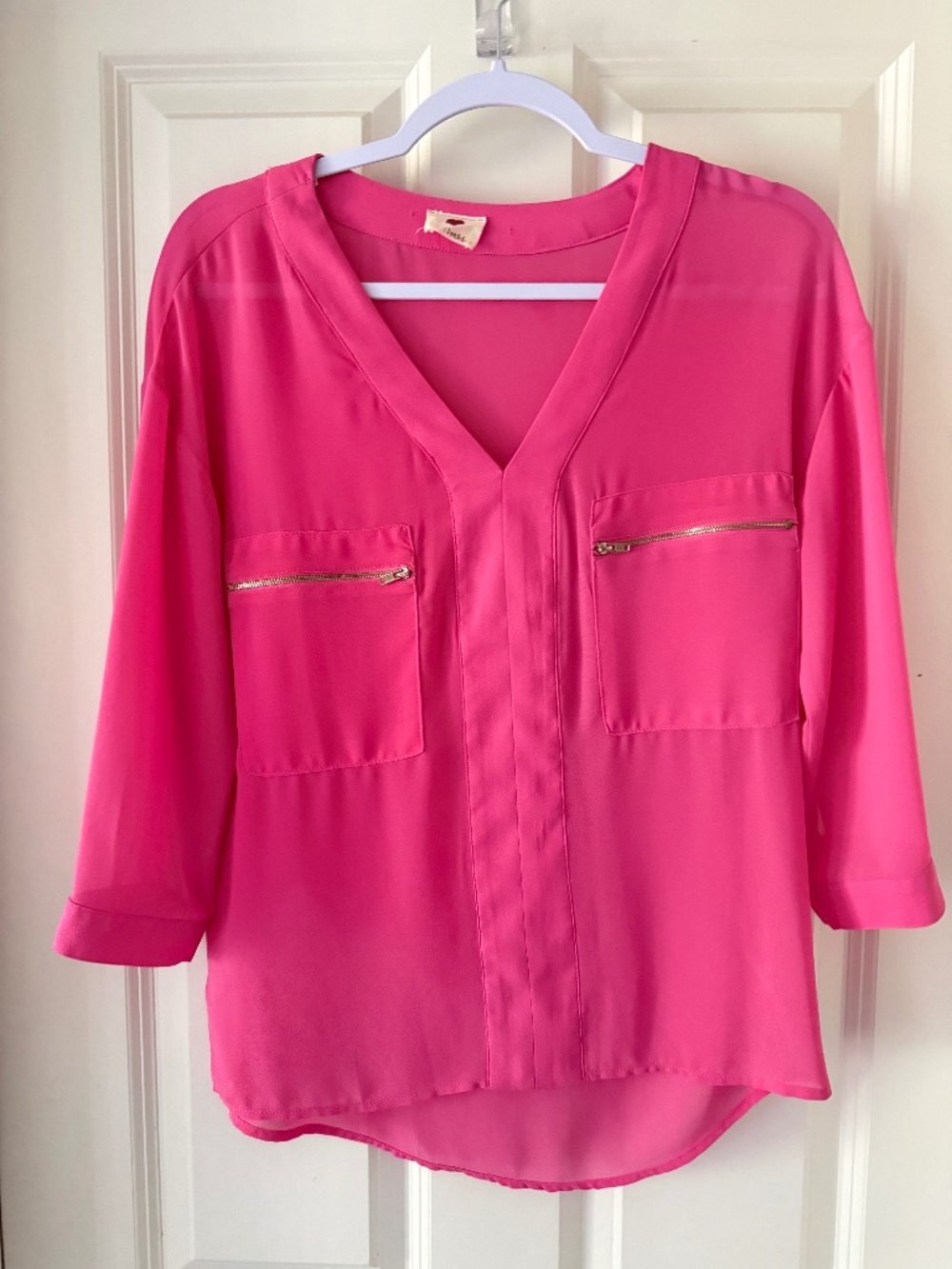 one clothing Hot Pink V-Neck Zip-Pocket Blouse